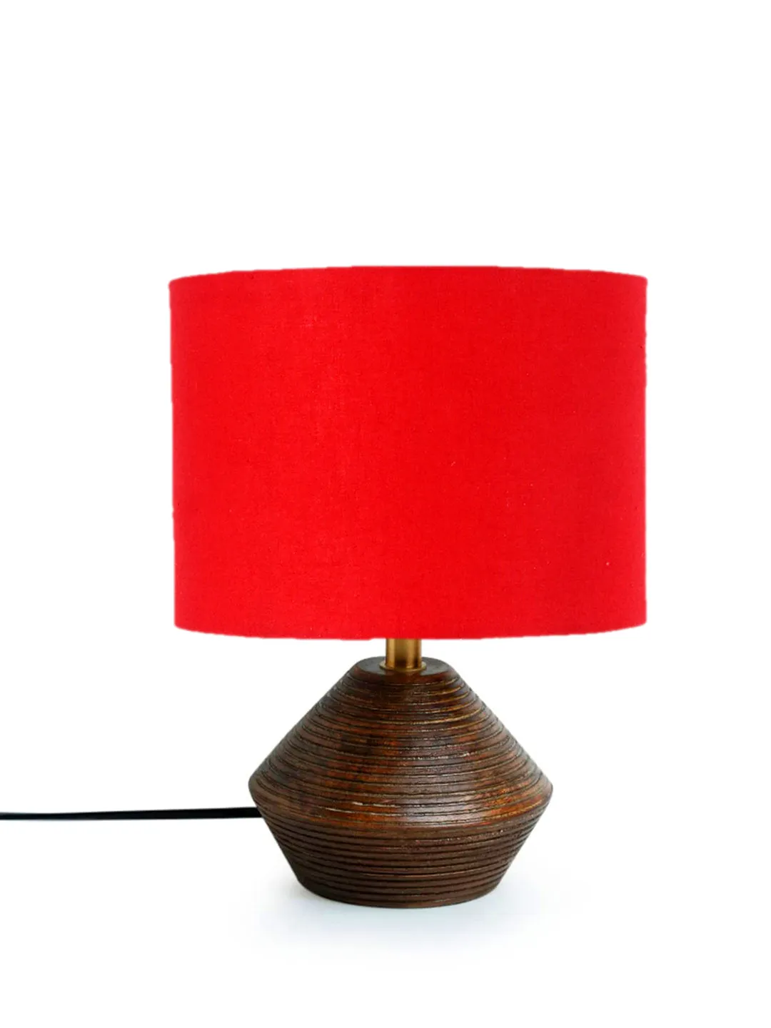 Red Cotton Table Lamp With Wood Natural Base | 7X12 Inches