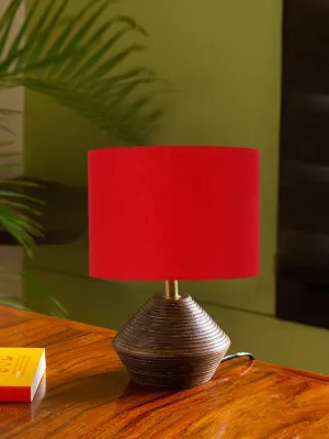 Red Cotton Table Lamp With Wood Natural Base | 7X12 Inches