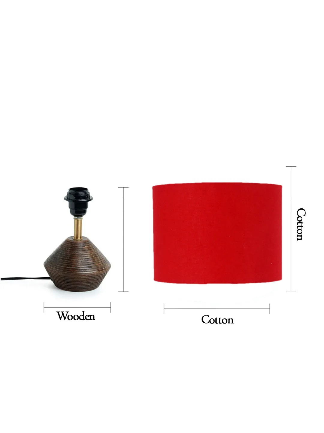 Red Cotton Table Lamp With Wood Natural Base | 7X12 Inches