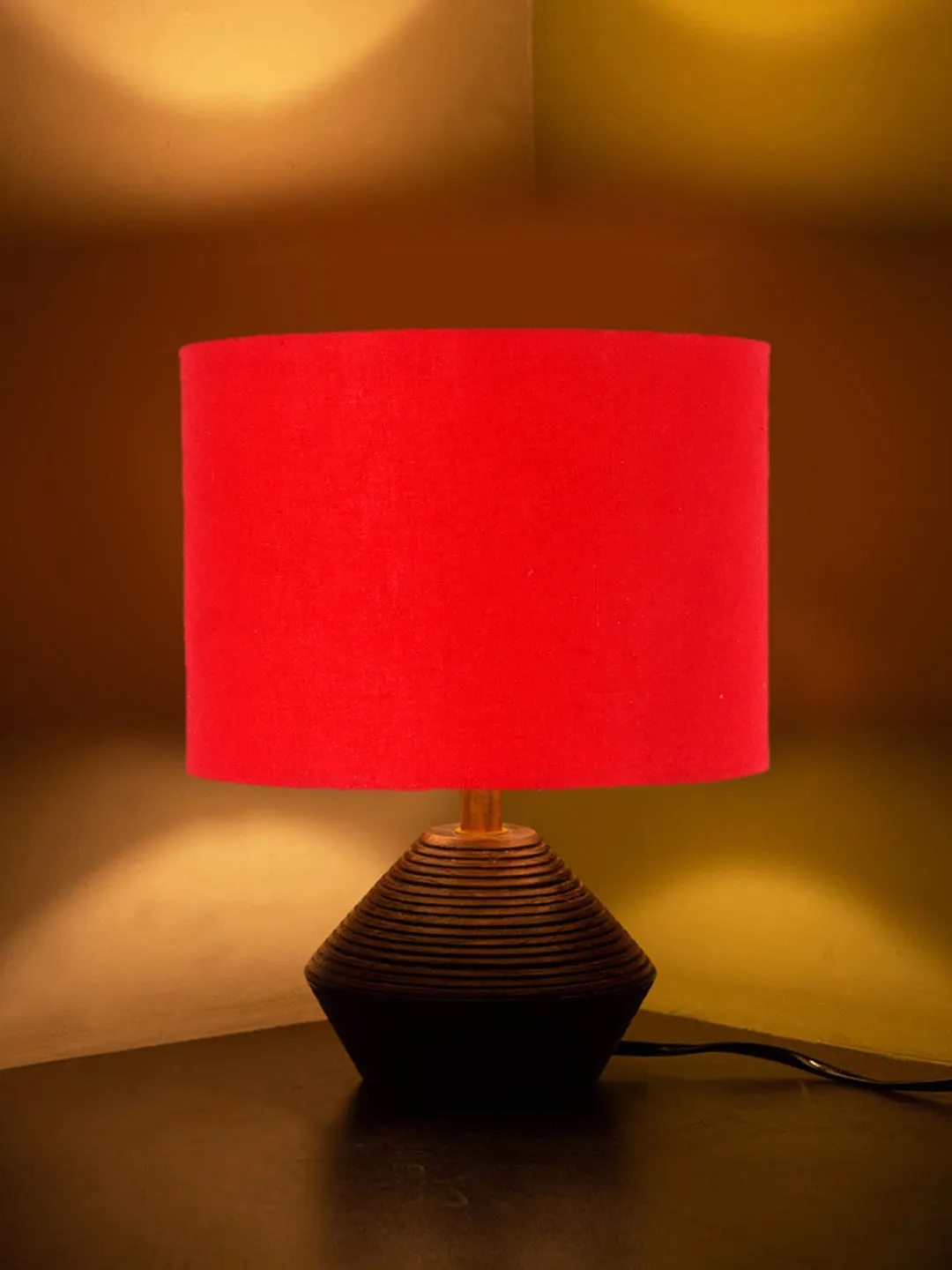 Red Cotton Table Lamp With Wood Natural Base | 7X12 Inches