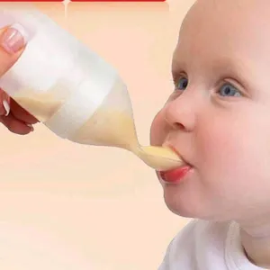 Silicone Baby Feeding Bottle With Spoon Food Supplement Rice Cereal Bottle Baby Squeeze Spoon Silica Gel Spoon BB0065