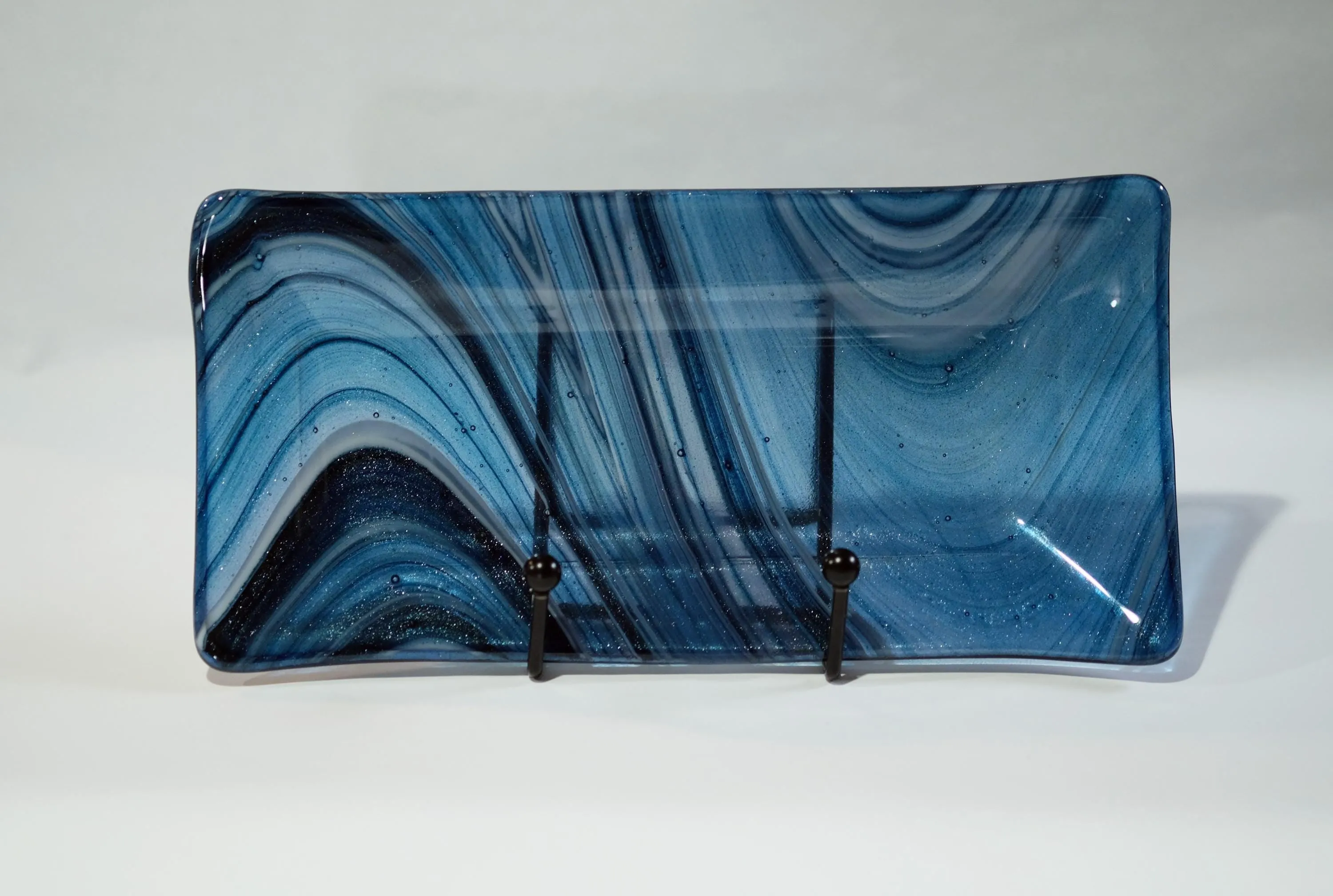 Swirling Sparkle: Handcrafted 10 Inch by 5 Inch Blue. black and white Fused Glass Serving Plate. housewarming, wedding, couple's unique gift