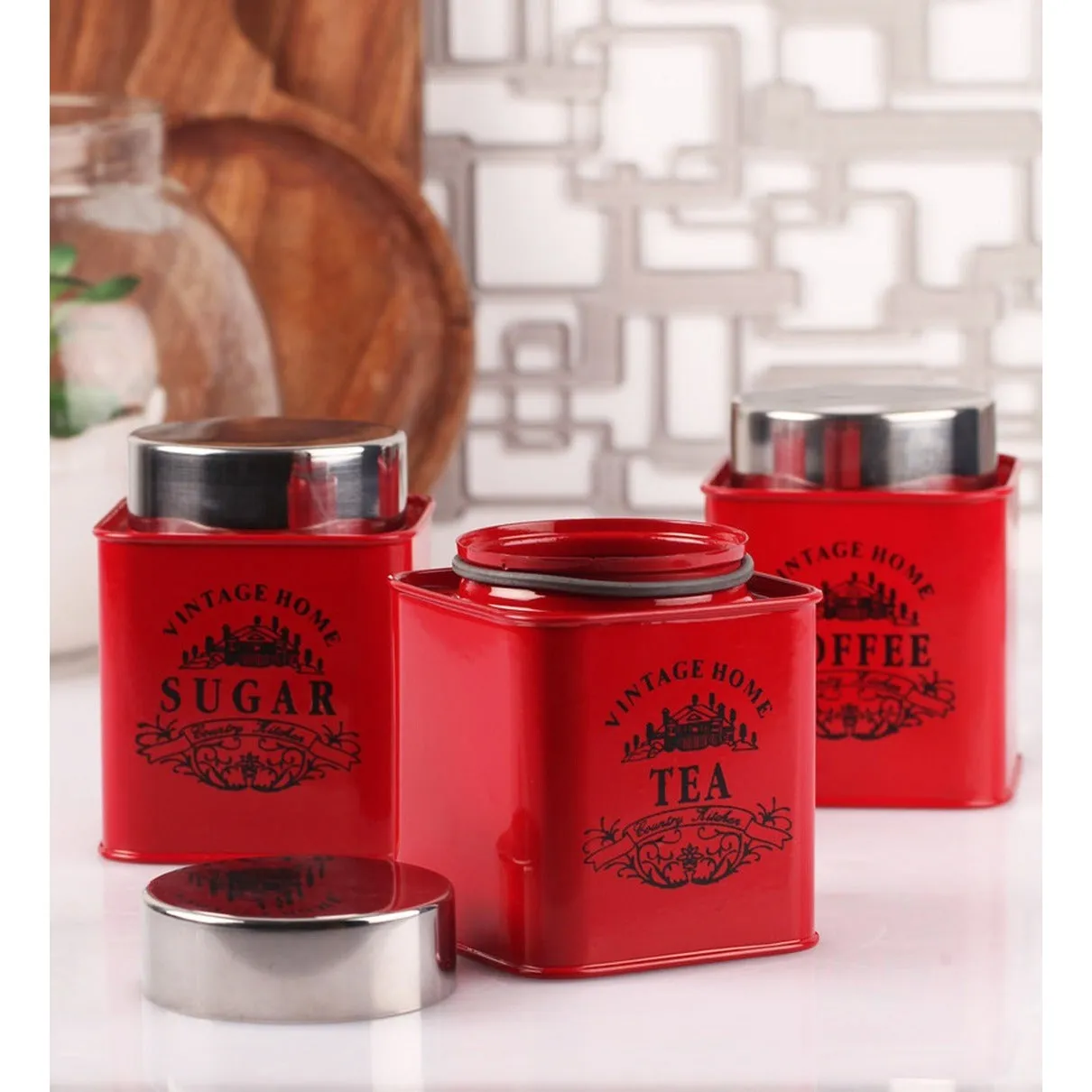 Vintage Tin Canister Set Tea-Coffee-Sugar Red Square Jar with Stainless Steel Lid 3pc