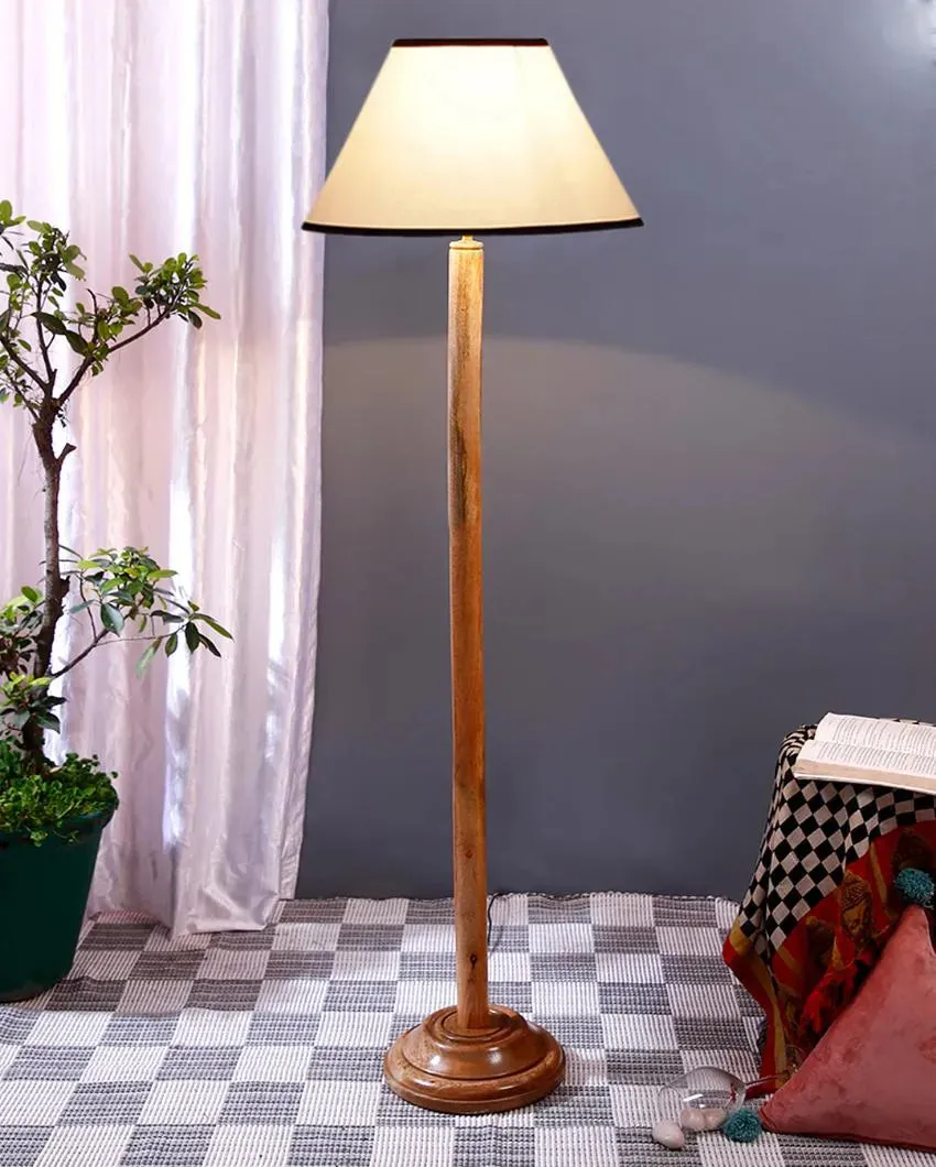 White & Black Cotton Conical Shade Floor Lamp with Wooden Base | 14 x 59 Inches