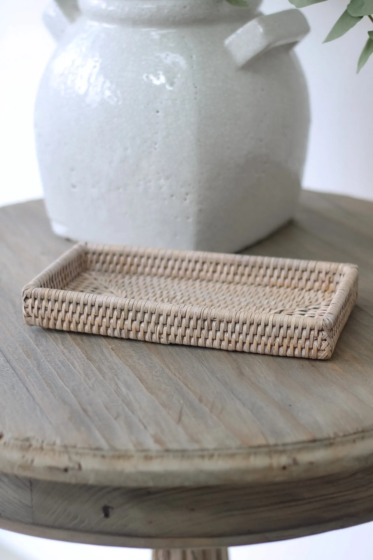 White Washed Rattan Small Rectangular Tray