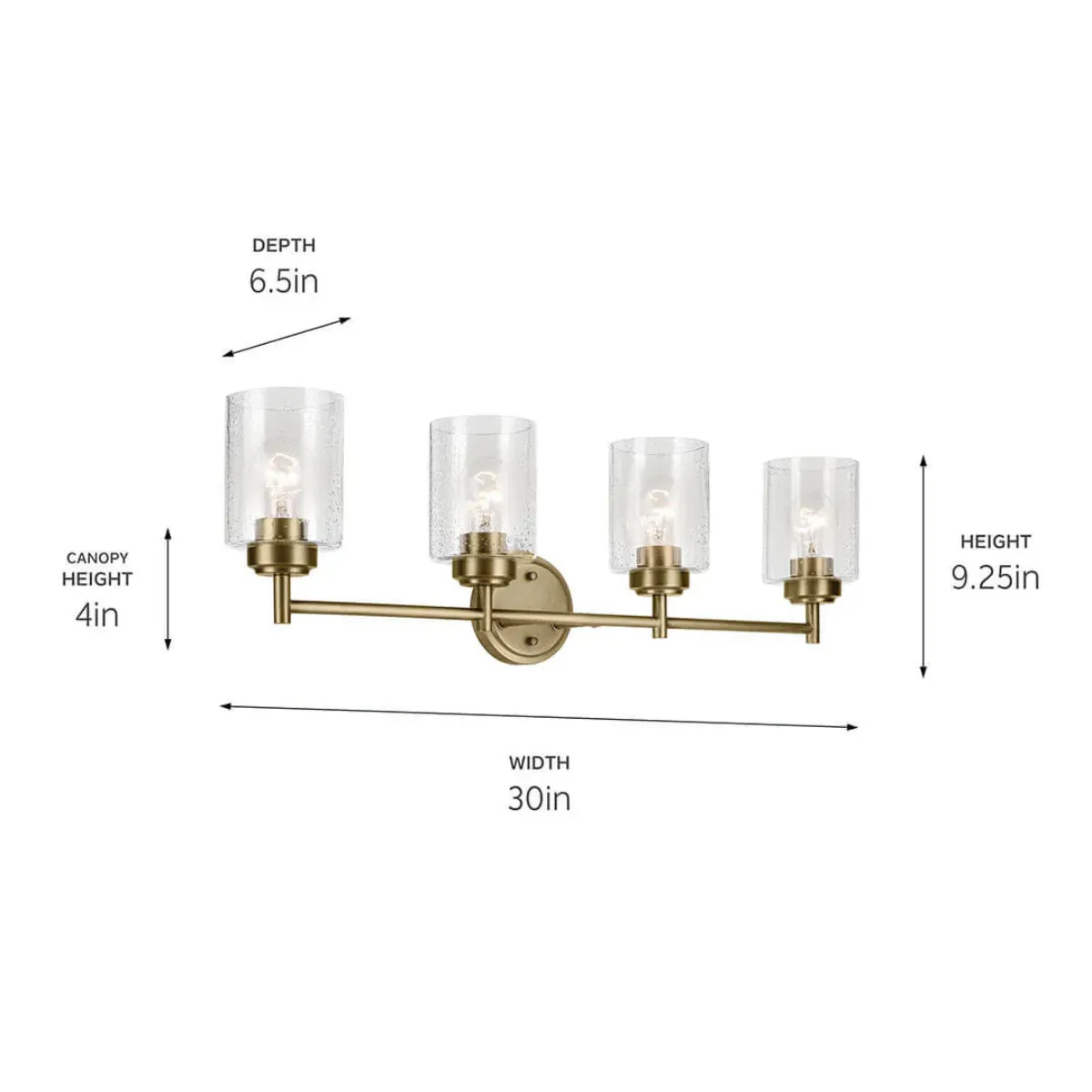 Winslow 30 In 4-Lights Bathroom Vanity Light With Clear Seeded Glass, Gold Finish