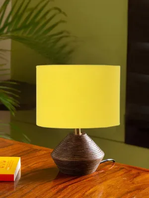 Yellow Cotton Table Lamp With Wood Natural Base | 7X12 Inches