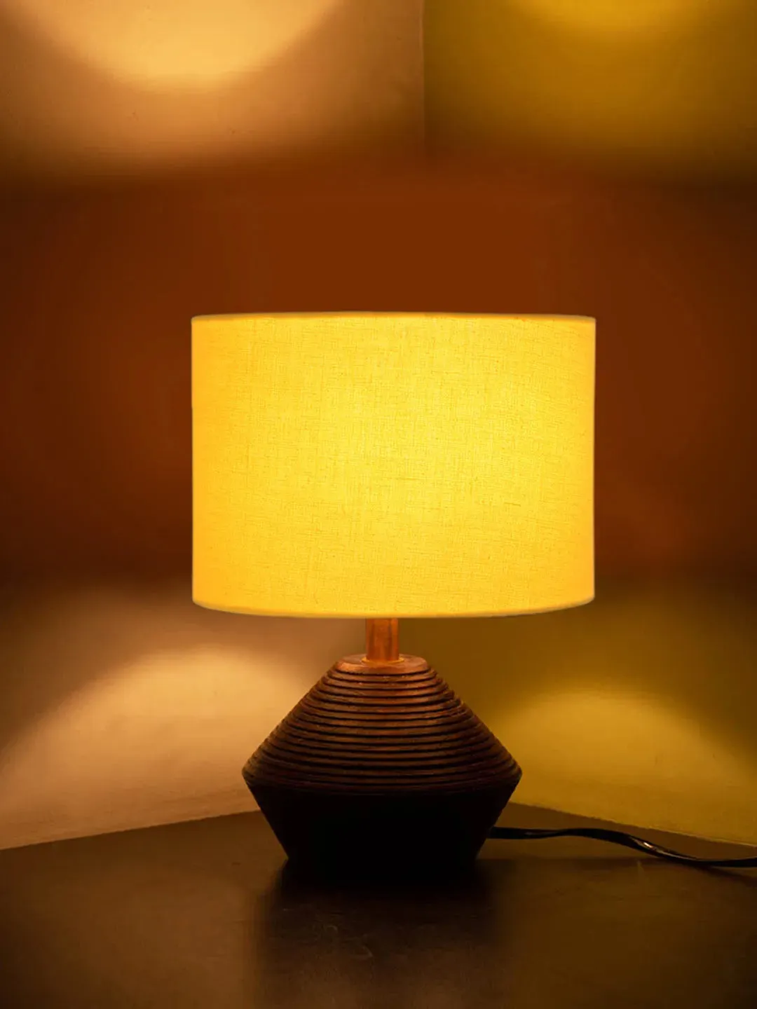 Yellow Cotton Table Lamp With Wood Natural Base | 7X12 Inches