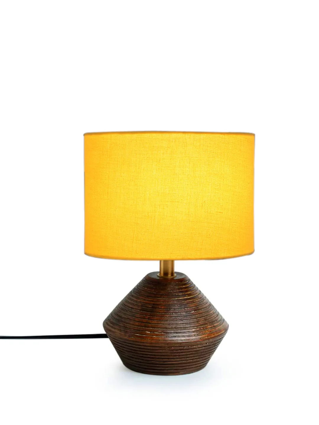 Yellow Cotton Table Lamp With Wood Natural Base | 7X12 Inches